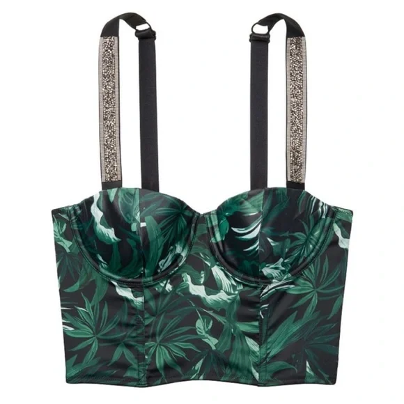 NWOT Victoria's Secret Very Sexy Green Black Tropical Bustier Rhinestone Straps - Picture 2 of 15